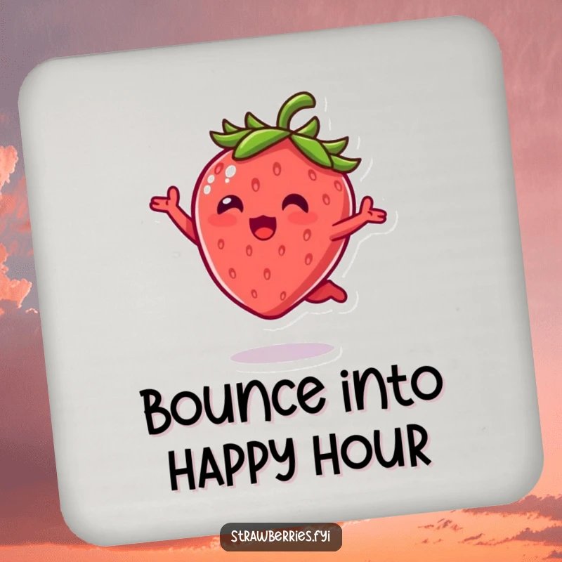 Funny Drink Coaster: A kawaii strawberry character frozen in a joyful leap, adding a splash of fun to any surface.