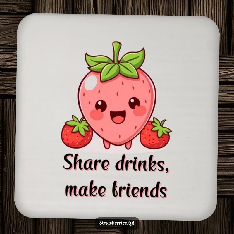 Funny drink coasters featuring a cheerful Kawaii strawberry character with a big smile, offering a tiny bite.