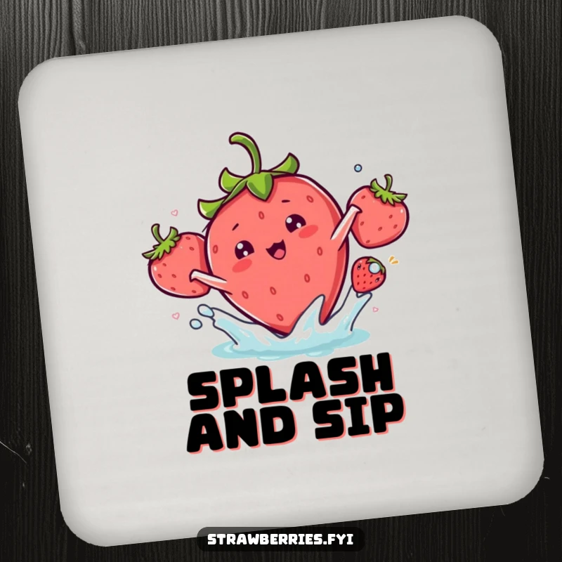 Funny kawaii strawberry character doing a playful splash on this humorous drink coaster.