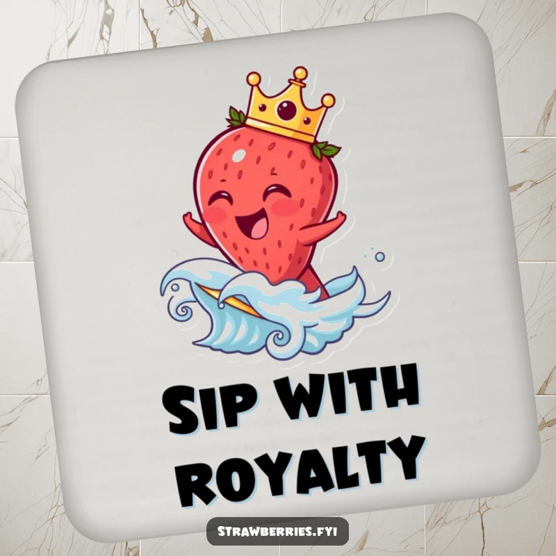 Funny strawberry coasters featuring a laughing crowned fruit character riding a wave, adding humorous royal protection to surfaces.