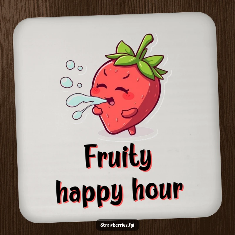 Funny drink coaster with a mischievous strawberry character playfully squirting juice, protecting surfaces with fruity humor.