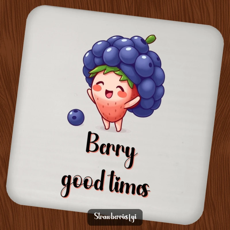 Funny drink coaster with a tiny strawberry character trying to wear a giant blueberry as a hat, adding fruity humor.