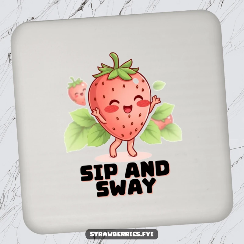 Funny drink coaster showing a blushing strawberry character dancing with its leaves, a sweet and humorous protector.