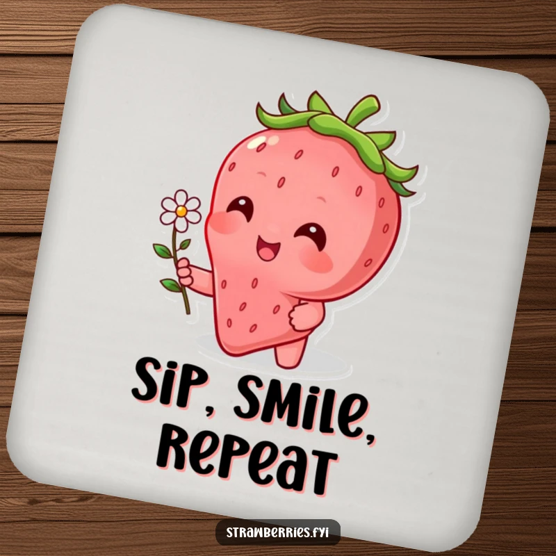 Funny coaster showcasing a beaming strawberry character with a tiny flower, protecting surfaces with charm.