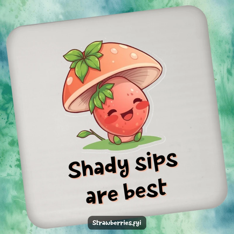 Funny drink coaster featuring a giggling strawberry character under a mushroom, adding whimsical humor to surface protection.