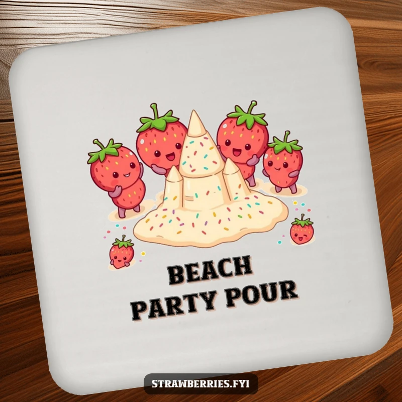 Funny drink coasters featuring strawberries humorously building a sprinkle sandcastle, adding a whimsical beach touch to tabletops.