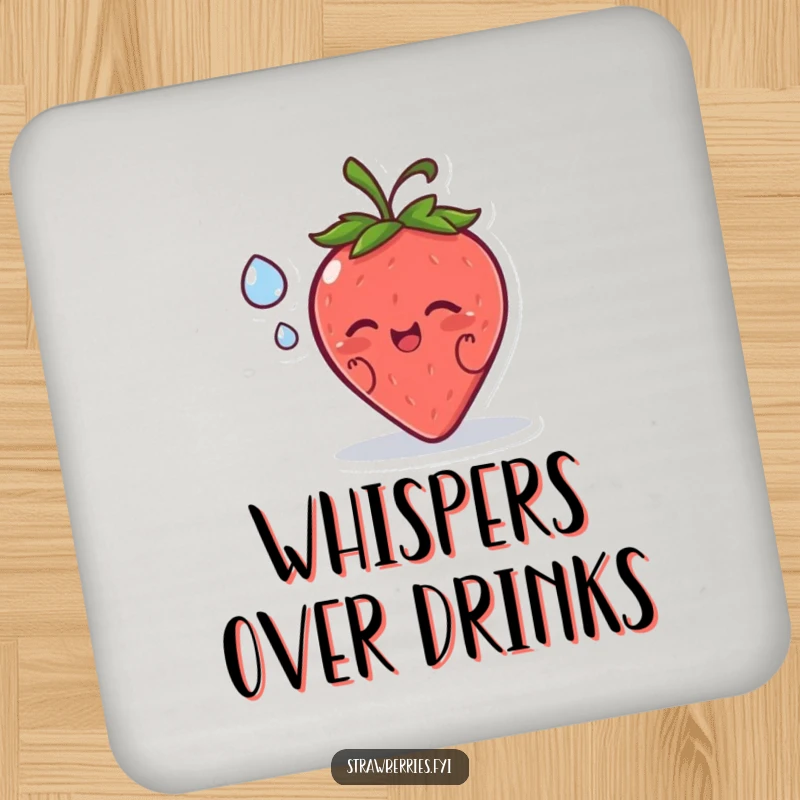 Funny drink coaster featuring a happy strawberry character sharing a secret with a dewdrop, adding subtle humor to surfaces.