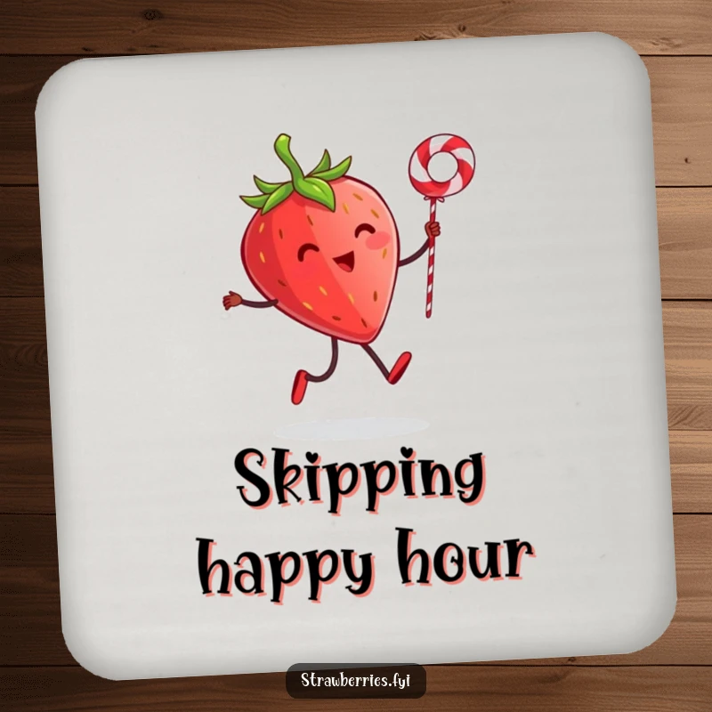 Funny drink coasters featuring a strawberry character with tiny legs skipping rope with a licorice string, adding a humorous touch to tabletops.