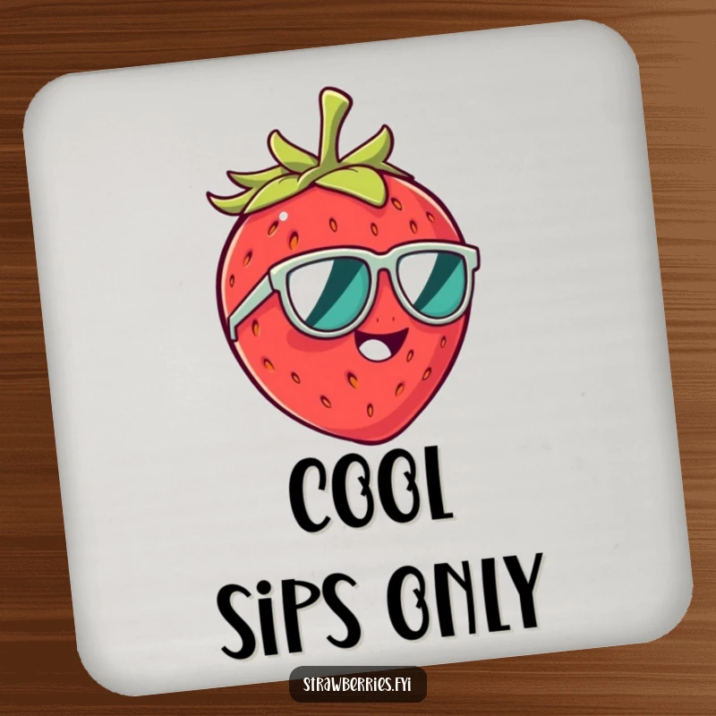 Funny drink coaster featuring a giggling strawberry character in tiny sunglasses, adding a humorous touch to any beverage.