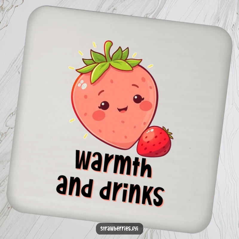 Funny sunny strawberry coaster with a character basking in a warm ray of light, protecting surfaces with cheerful humor.