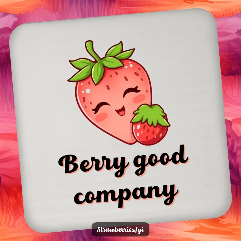 Funny drink coaster featuring a winking strawberry playfully nudging a berry, protecting surfaces with a touch of flirty humor.