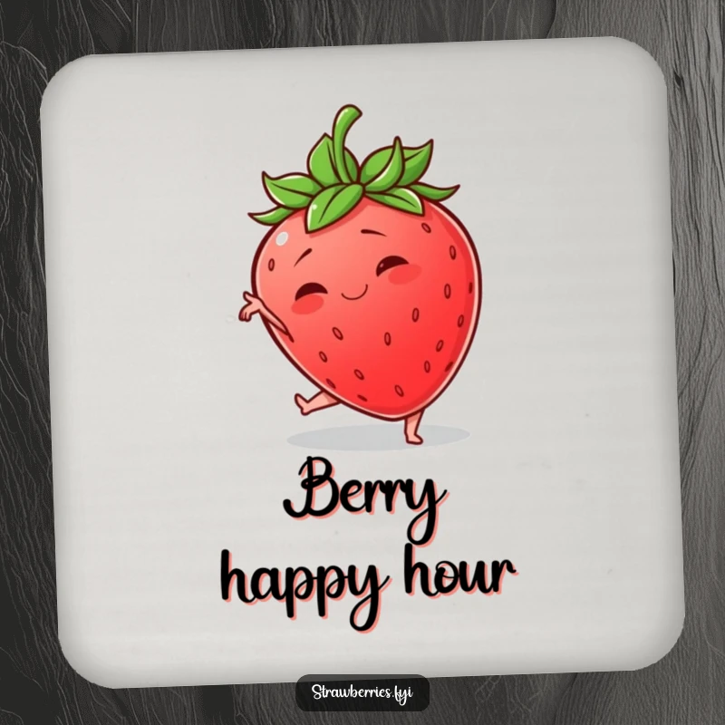 Funny drink coaster featuring a wobbly anthropomorphic strawberry hilariously attempting a graceful yoga pose, for humorous surface protection.