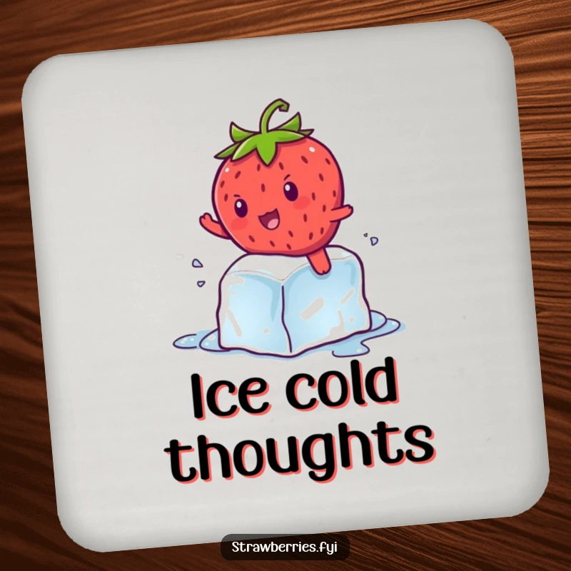 Funny kawaii strawberry character comically balancing on a melting ice cube, a protective and humorous drink coaster.