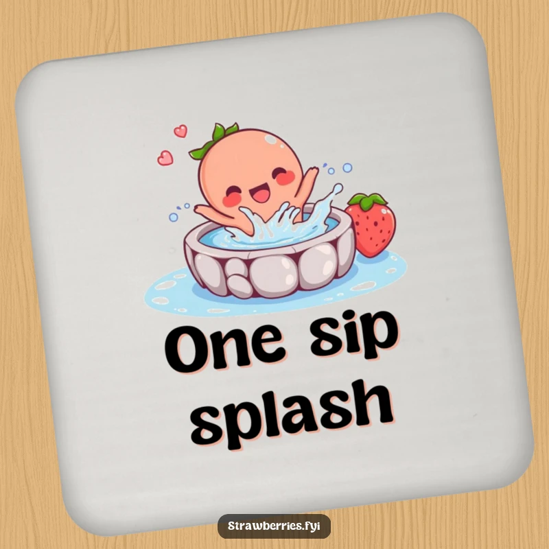 Funny drink coaster with a joyful strawberry character splashing in a small pool, adding a humorous and cheerful touch to any beverage setting.
