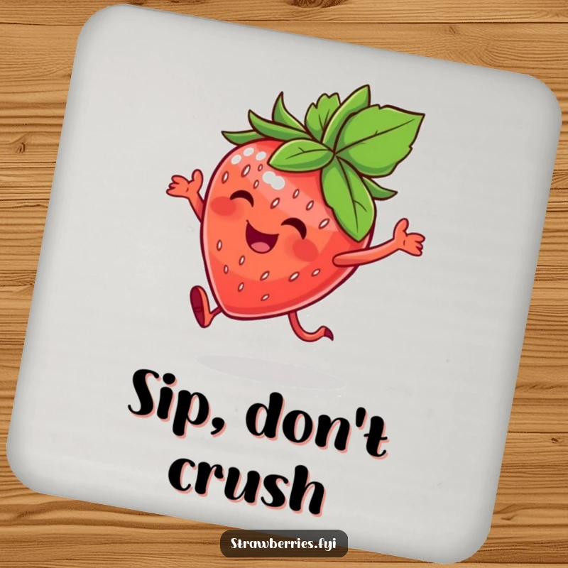 Funny drink coaster featuring a happy strawberry character with a leafy crown, doing a joyful hop, perfect for surface protection.