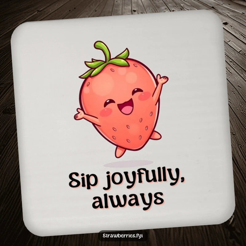 Funny drink coasters featuring a cheerful Kawaii strawberry character captured in a joyful, energetic leap.
