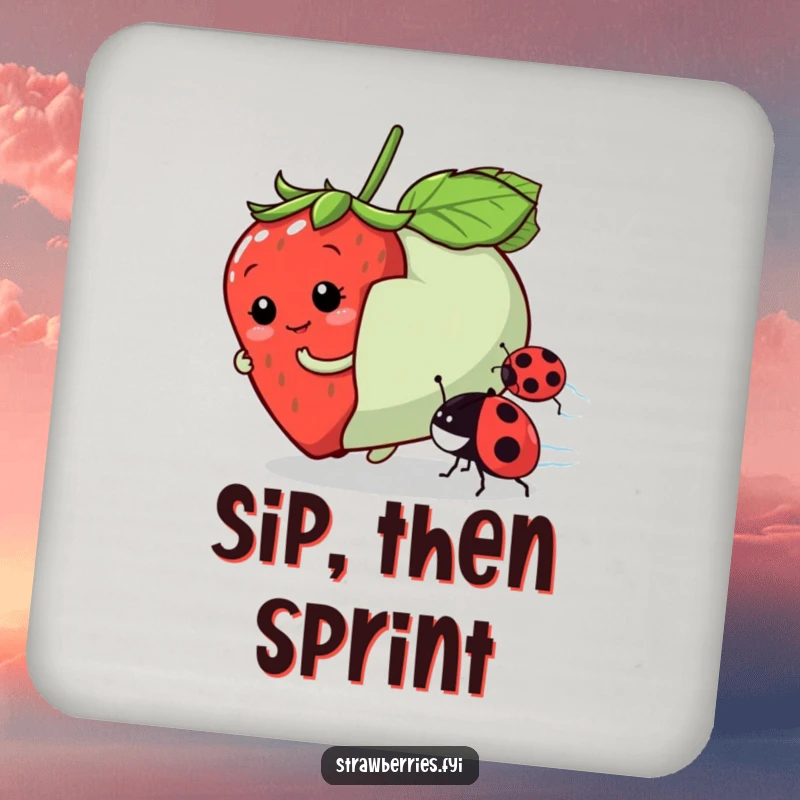 Funny drink coaster featuring a playful strawberry character in a race, adding humorous protection to surfaces.