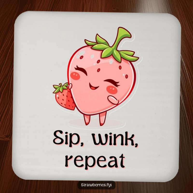 Funny drink coaster featuring a mischievous anthropomorphic strawberry winking, adding playful protection to surfaces.