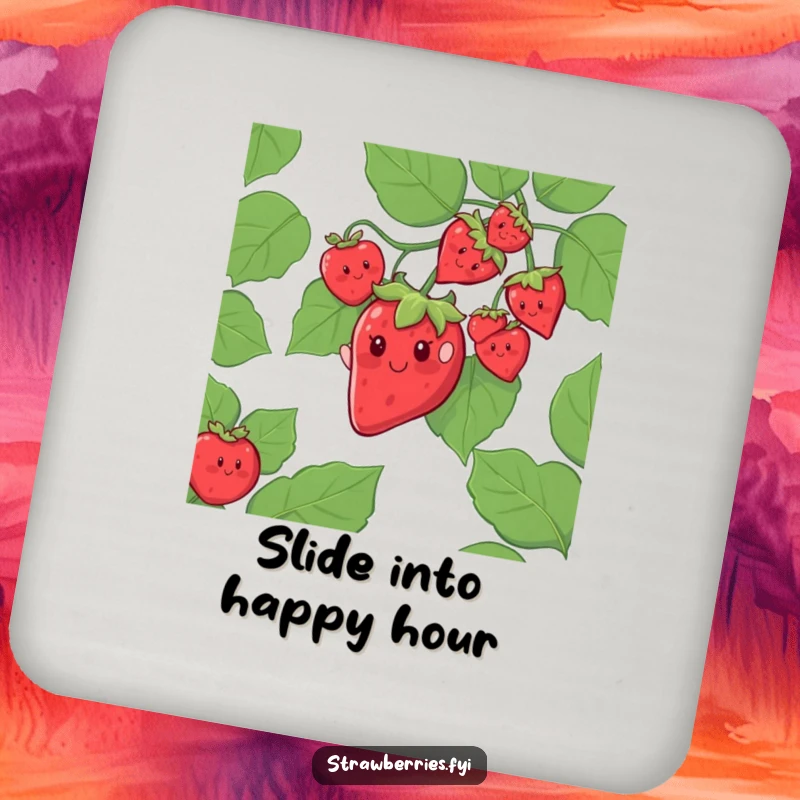 Funny drink coaster showing a cheerful strawberry character sliding down a giant leafy vine, an adventurous and humorous protector.