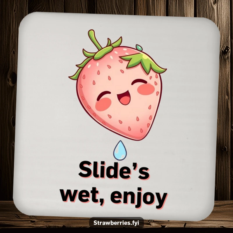 Funny drink coaster with a laughing strawberry character sliding down a dew drop, adding a humorous touch to any beverage setting.