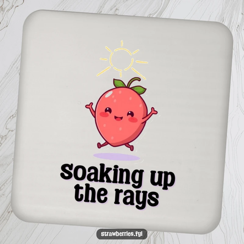 Funny cheerful kawaii strawberry character dancing under a sunbeam on a protective drink coaster, adding humorous flair to surfaces.