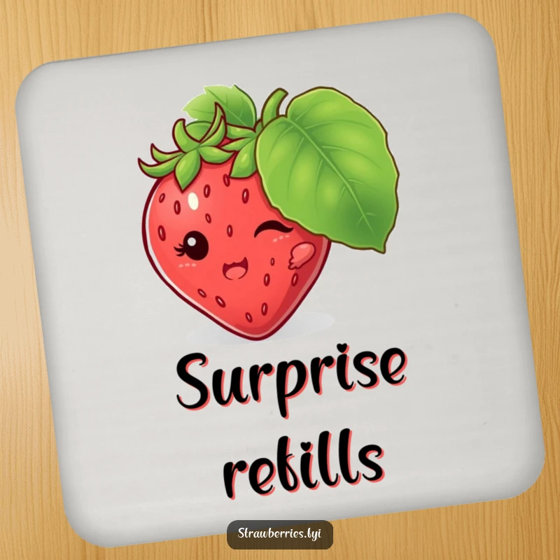 Funny drink coaster featuring a mischievous strawberry character hiding behind a leaf, adding playful humor to surfaces.