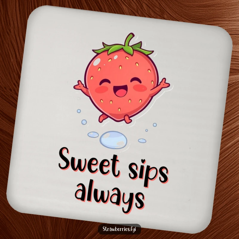 Funny drink coaster with a joyous kawaii strawberry character leaping playfully over a dewdrop, offering cute surface protection.