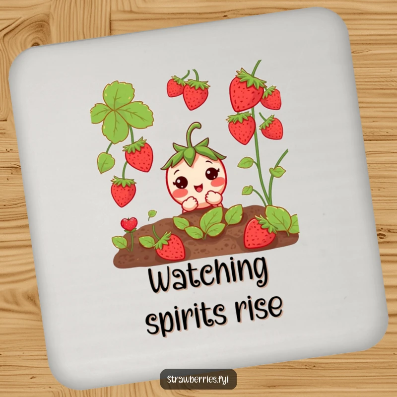 Funny Curious Strawberry Coasters: A shy strawberry peeking from a garden, adding whimsical protection.