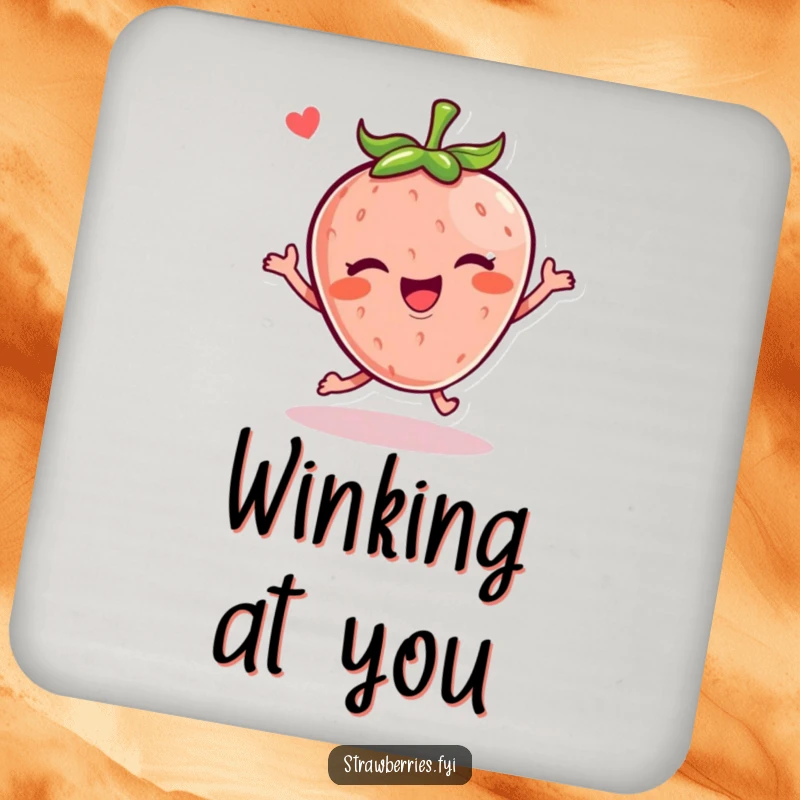 Funny Kawaii strawberry character in a joyful hop with a wink on a protective drink coaster, adding playful decor.