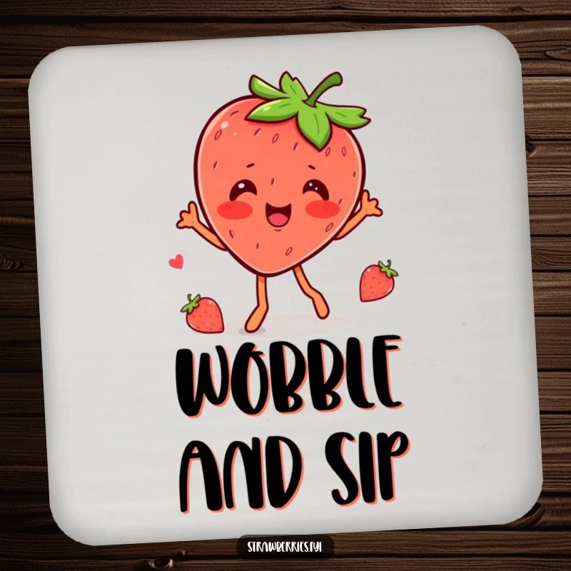 Funny kawaii strawberry character doing a happy wobble dance on this humorous drink coaster.