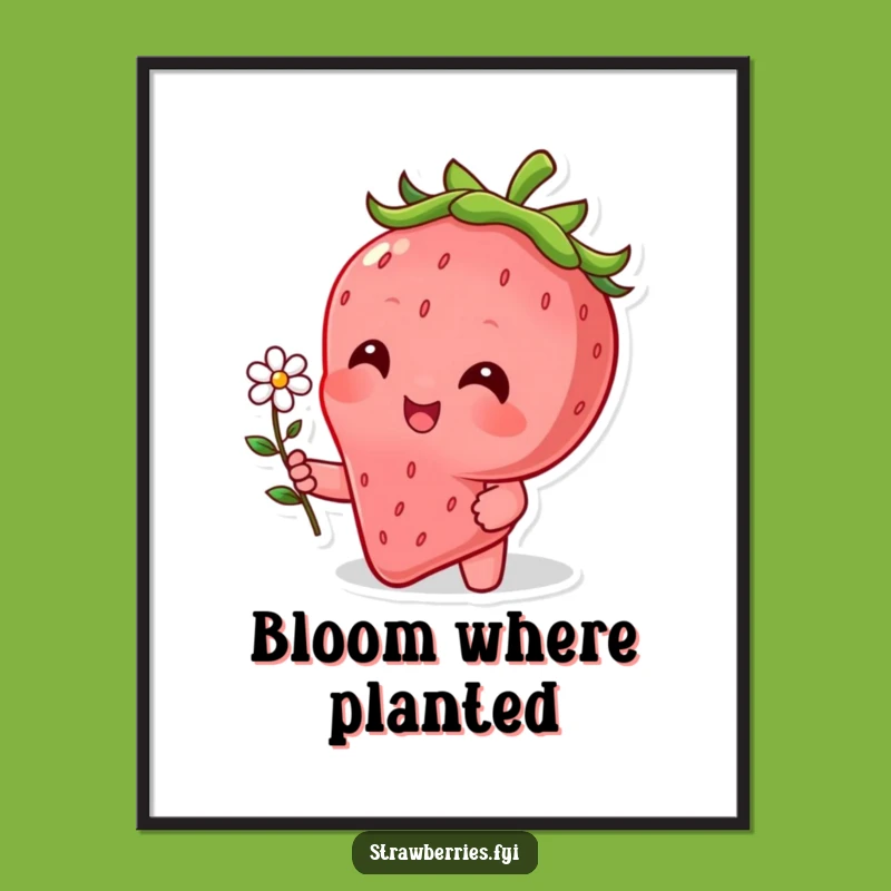 Funny Strawberry Flower Poster - Adorable Character Bloom Art Print, Gift