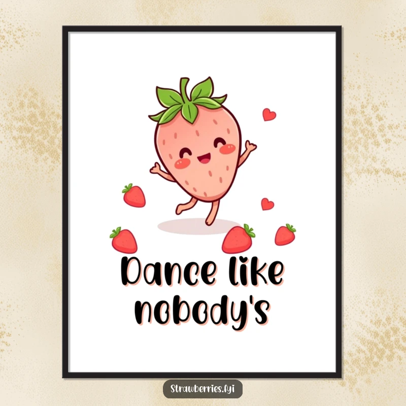 Funny poster art of a happy Kawaii strawberry character in a mid-dance pose, surrounded by playful leaves.