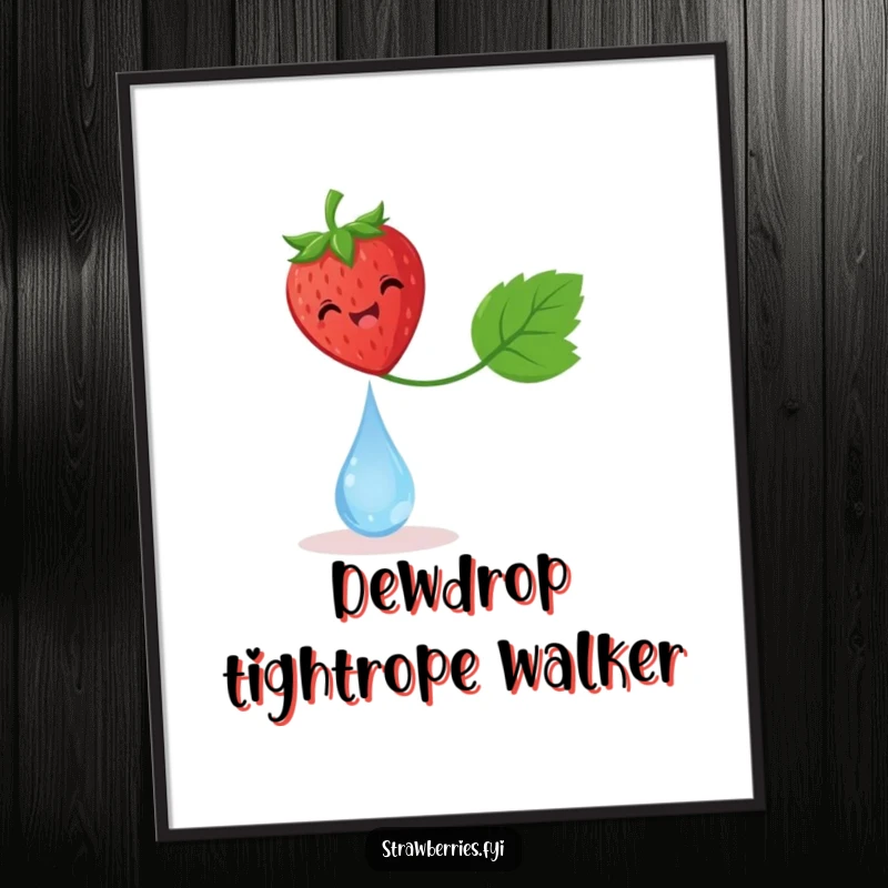 Funny poster showing a delighted strawberry balancing on a dewdrop, a symbol of delicate joy and humor.