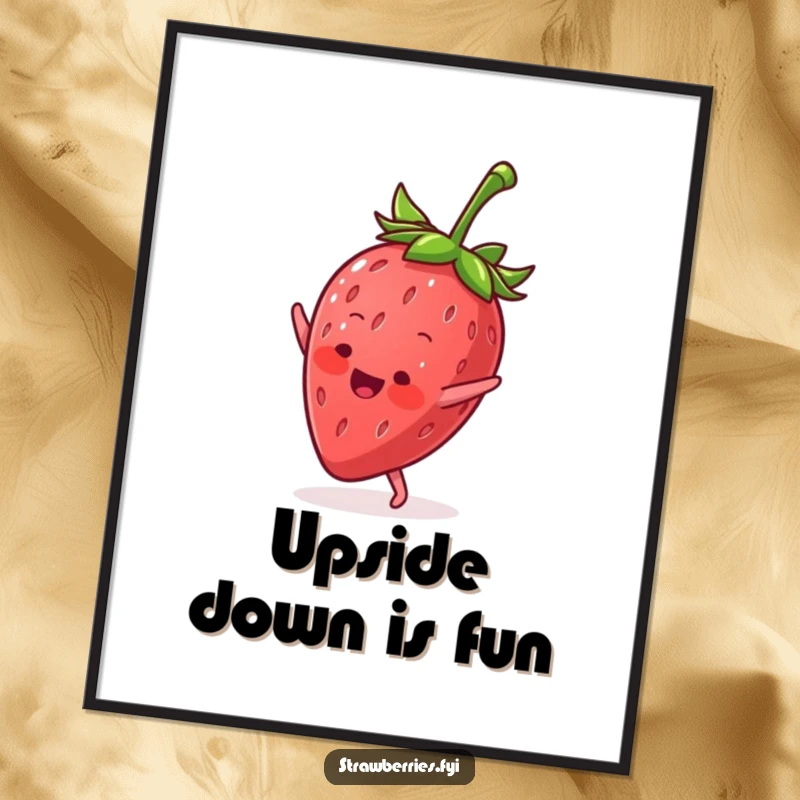 Funny poster of an anthropomorphic strawberry mid-cartwheel, radiating athletic prowess and cheerful delight on your wall.