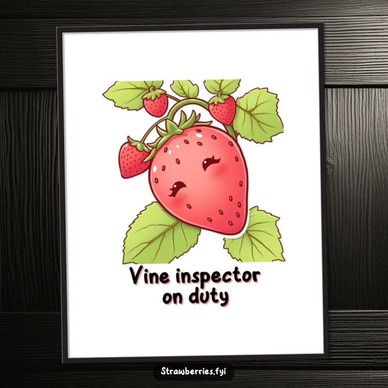 Funny poster showing a curious strawberry peeking out from a vine, a delightful artwork that sparks imagination.