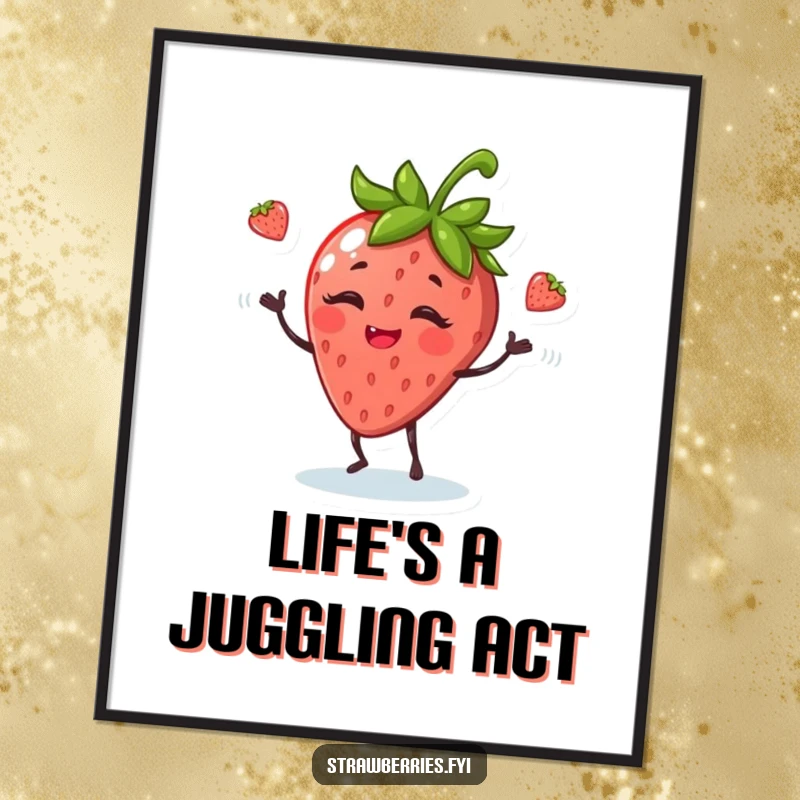 Funny poster displaying a giggling anthropomorphic strawberry skillfully juggling leaves, adding playful charm to walls.