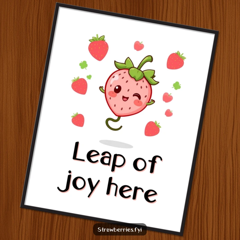 Funny kawaii strawberry character energetically bouncing on a springy stem, presented as vibrant wall art, perfect for lovers of cute and humorous decor.
