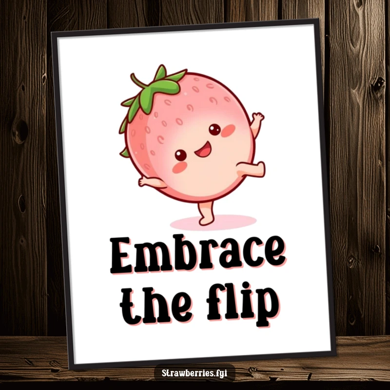 Funny Poster: A vibrant kawaii strawberry character with a joyful expression, captured perfectly in a dynamic cartwheel.