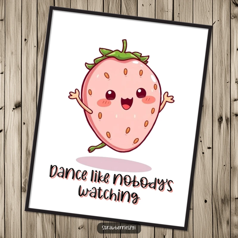 Funny Poster: A charming kawaii strawberry character captured mid-silly dance, its seeds wobbling dynamically, bringing playful energy.