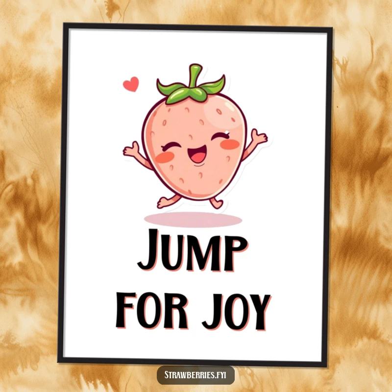 Funny Kawaii strawberry character joyfully hopping with a wink on a vibrant poster, adding playful decor.