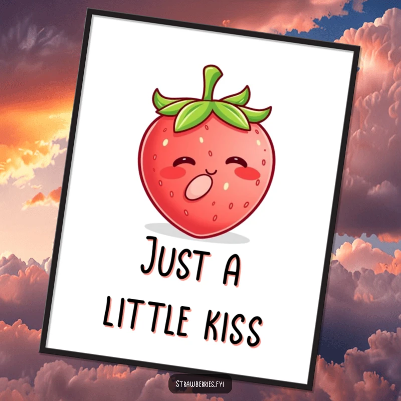 Funny Kawaii Strawberry Poster depicting a happy character giving a tiny, sweet kiss, perfect for charming wall decoration.