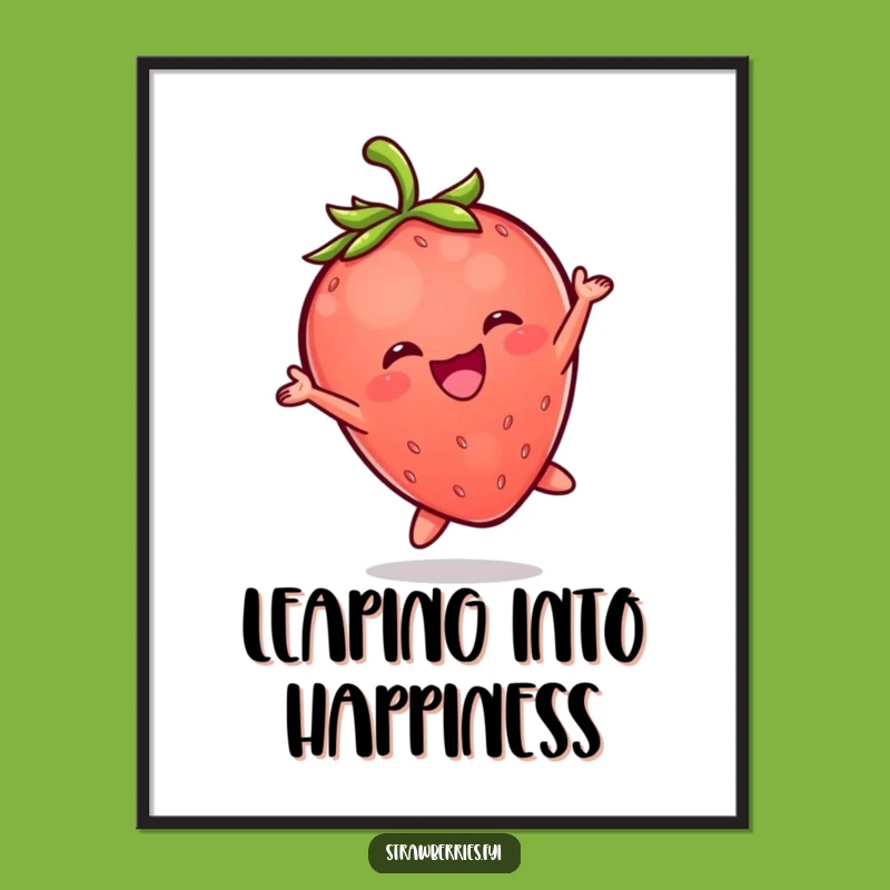 Funny Kawaii Strawberry Leap Poster: Inspirational Joyful Berry Character Wall Art Gift
