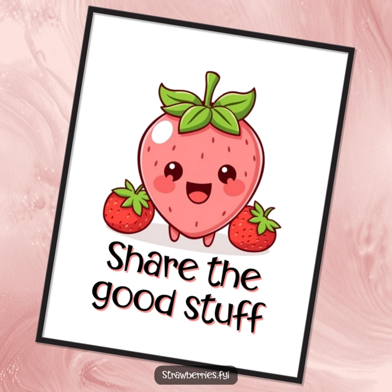 Funny poster art of a cheerful Kawaii strawberry character with a wide, friendly smile, offering a small bite.
