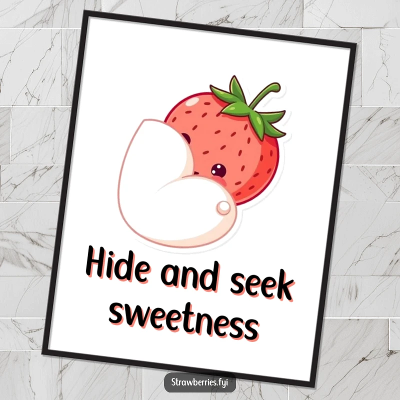Funny poster showing a strawberry peeking shyly from behind a petal, adding a touch of gentle sweetness and innocence.