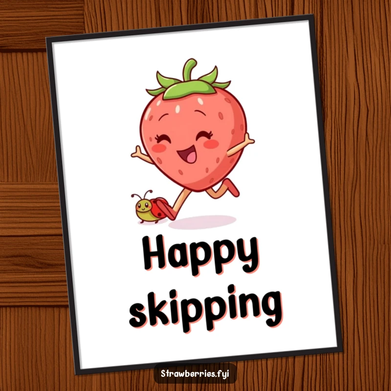 Funny skipping strawberry poster featuring a jovial character and ladybug companion joyfully skipping, adding lively and humorous wall art.
