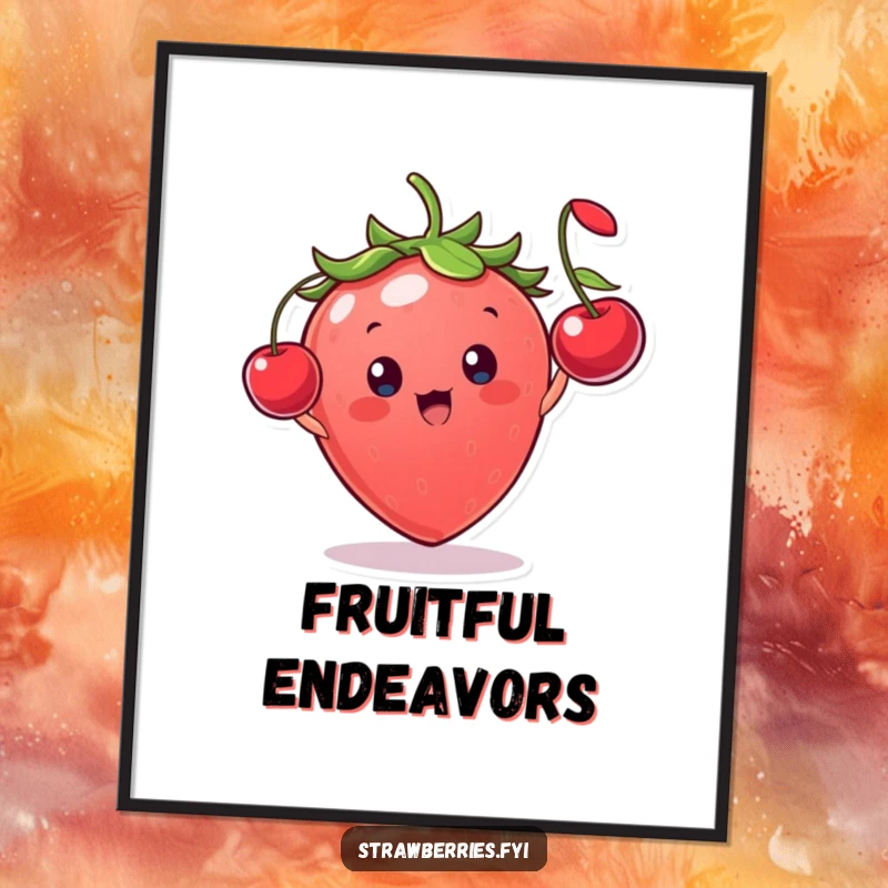Funny strawberry character with a look of pure glee, tossing a tiny cherry, a cheerful and humorous art print.