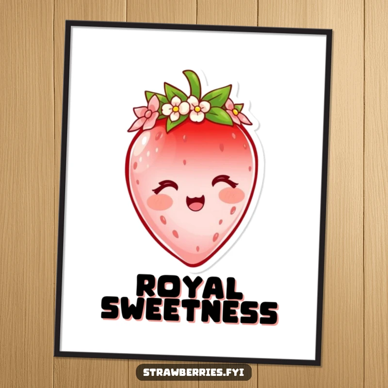 Funny strawberry poster displaying a delighted character with a tiny flower petal crown, adding sweet and humorous wall decor.
