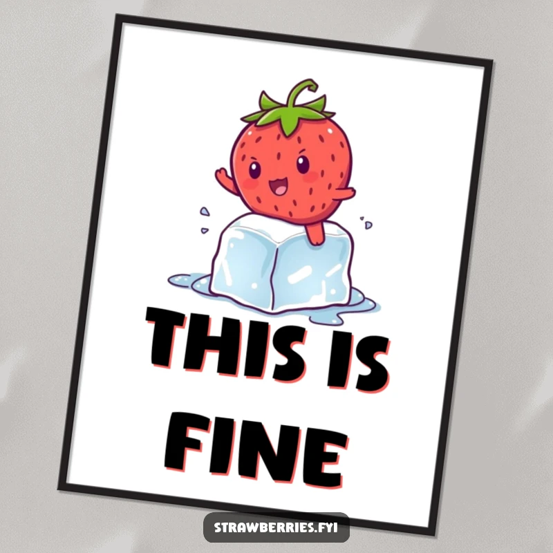 Funny kawaii strawberry character comically attempting to surf a melting ice cube, a hilarious and artistic depiction of summer fun.