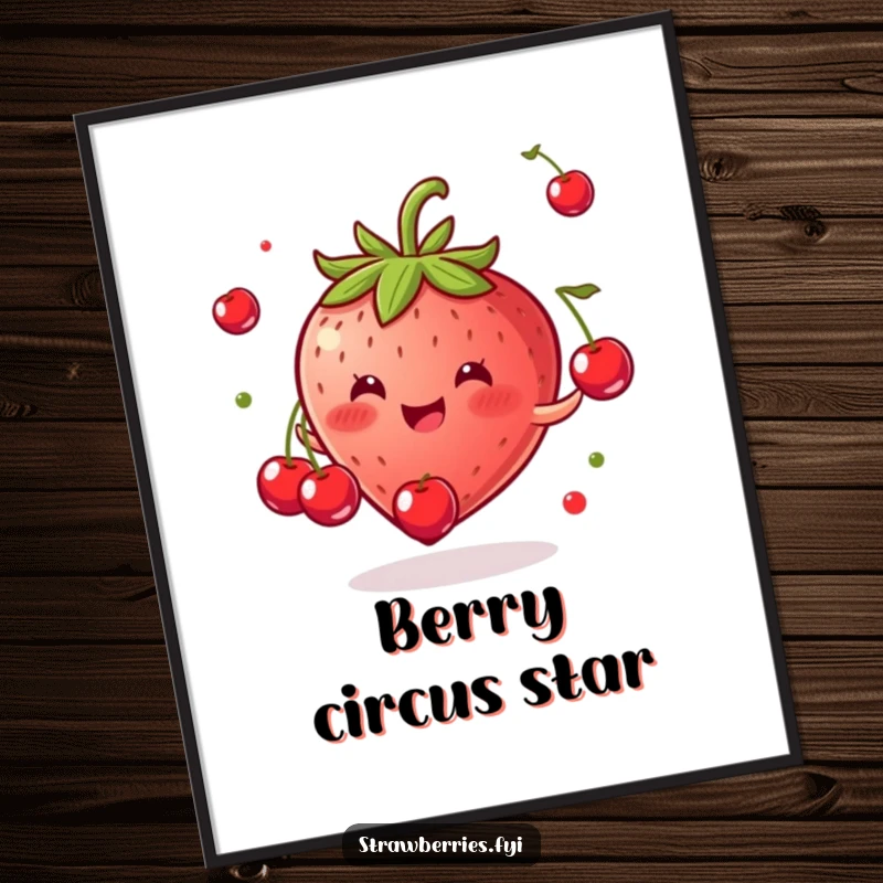 Funny poster showcasing a gleeful strawberry in mid-juggle with tiny cherries, a vibrant and humorous illustration.
