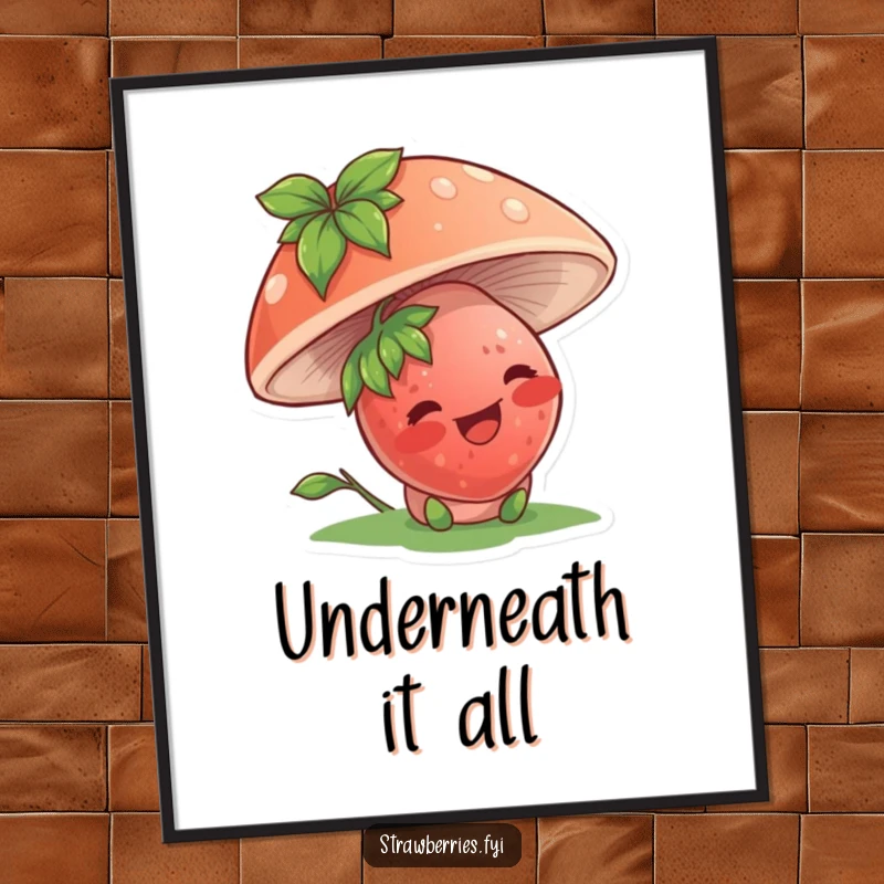 Funny poster depicting a giggling strawberry character peeking from under a mushroom, creating whimsical wall art.